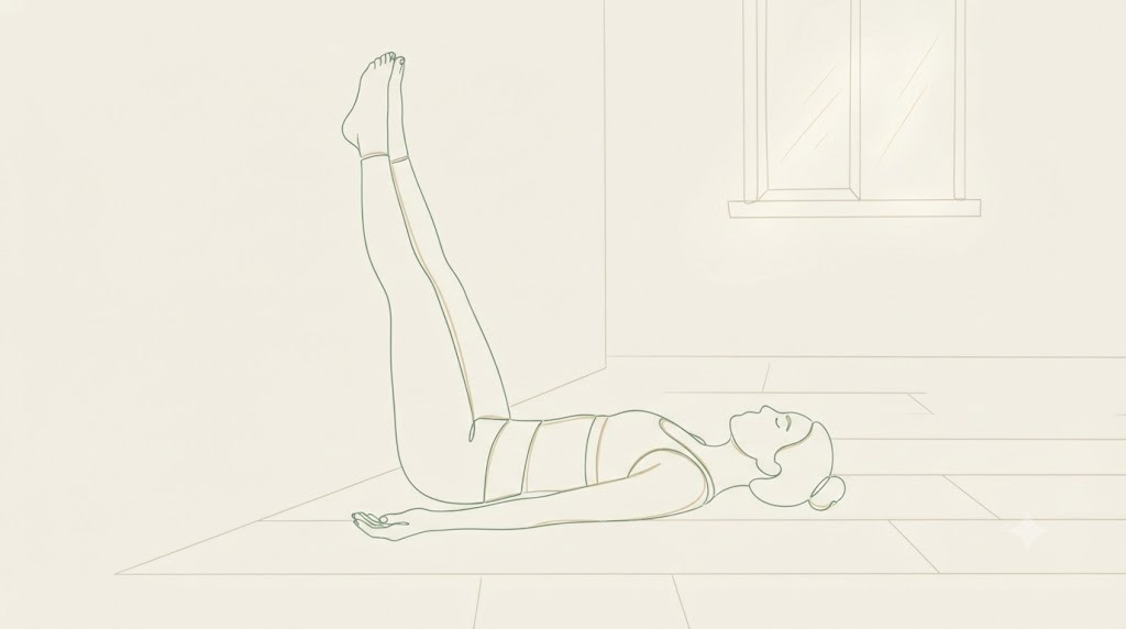 Continuous-line illustration of Legs-Up-The-Wall pose beside a window, calm and restful