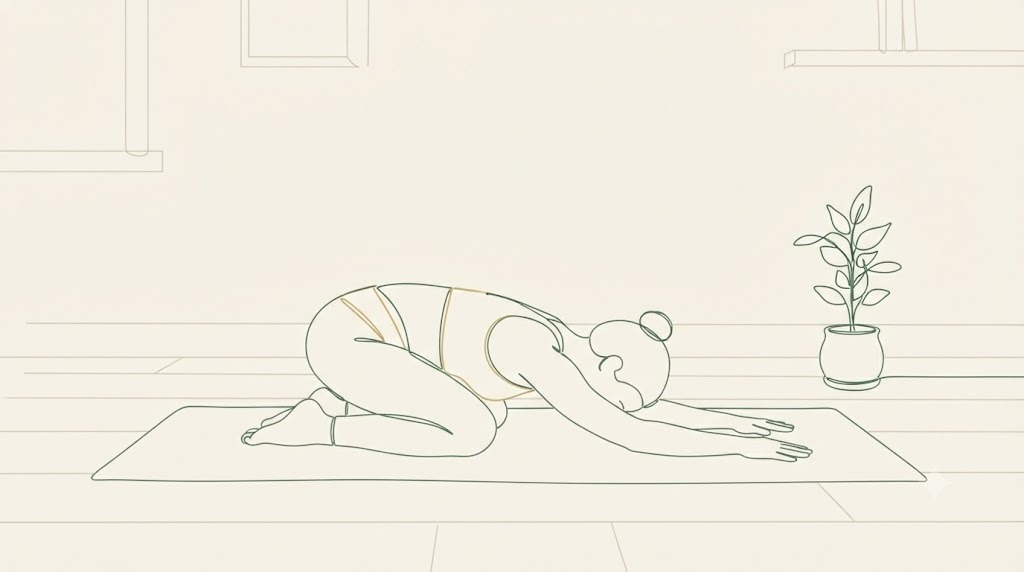 Continuous-line illustration of a woman in Childs Pose on a yoga mat beside a potted plant