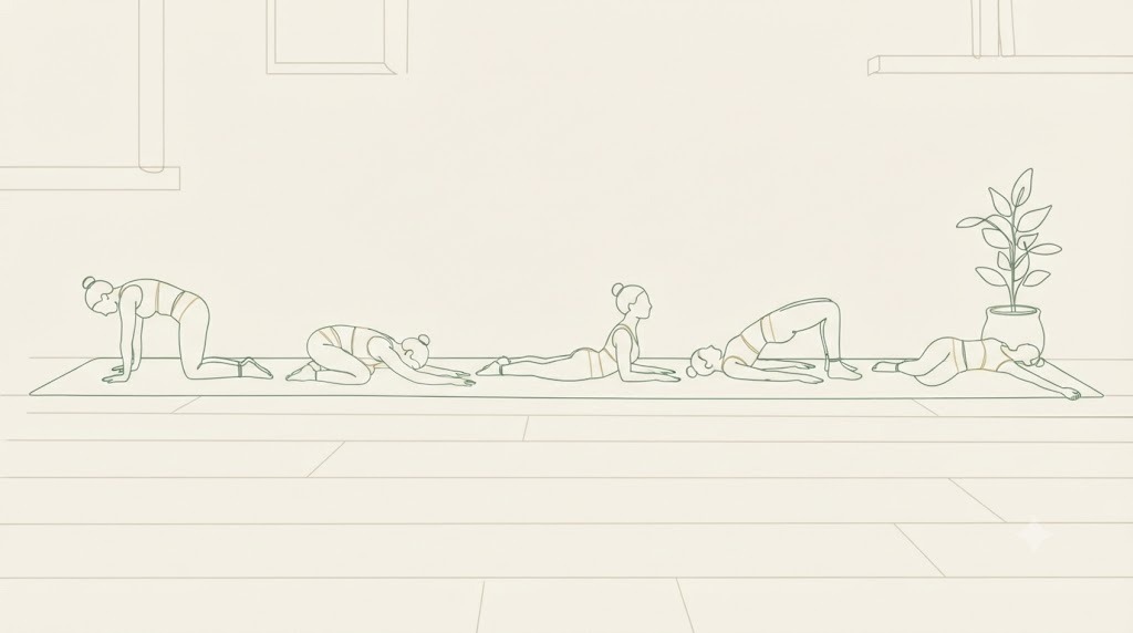 Five gentle yoga poses for lower back pain as continuous-line vignettes: Cat-Cow, Childs Pose, Sphinx, Bridge, Supine Twist