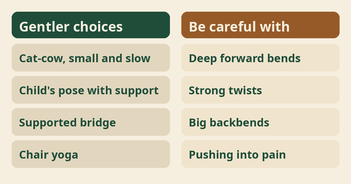 Gentler yoga choices and movements to be careful with for a bad back