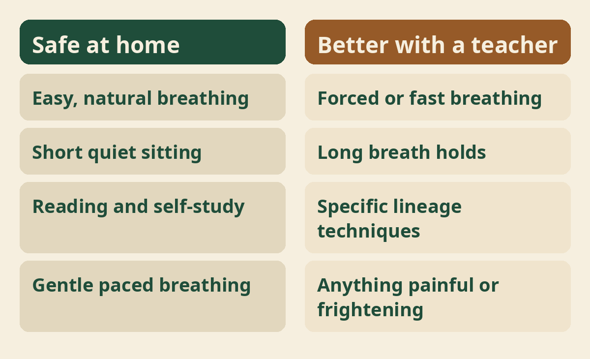 Which breathing and meditation practices are safe at home and which are better with a teacher